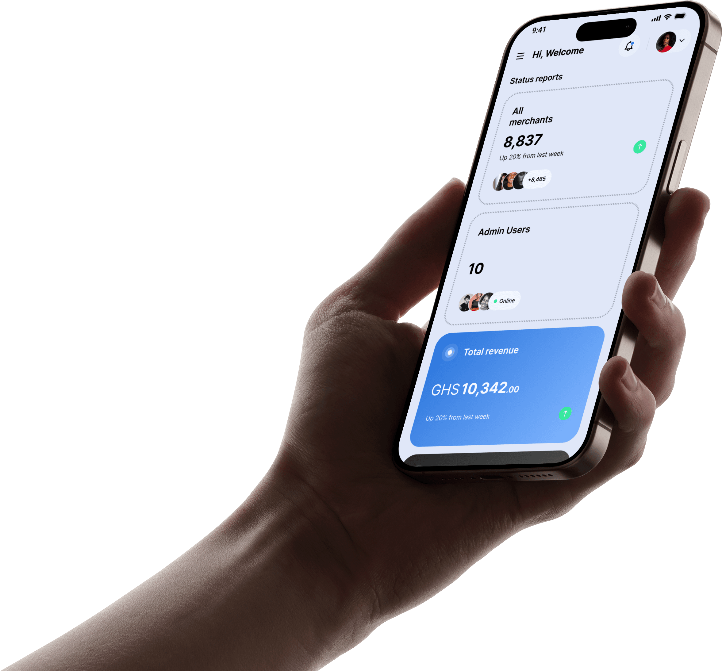 Hand holding a phone showing the Nalo dashboard